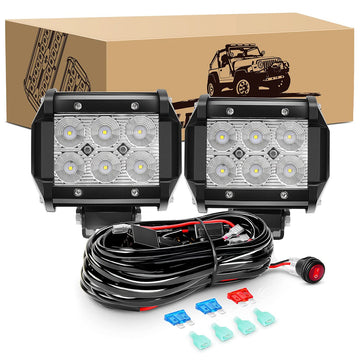 2 Pcs 18W Flood LED Pods with 3Pin 16AWG Wiring Harness-2 Leads